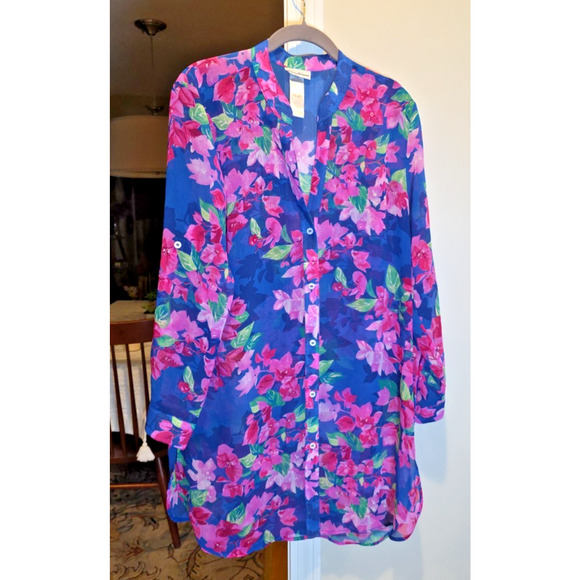 Tommy Bahama Blue Floral Sheer Swimsuit Cover-Up Button Front Roll Tab Sleeve S - Picture 1 of 9